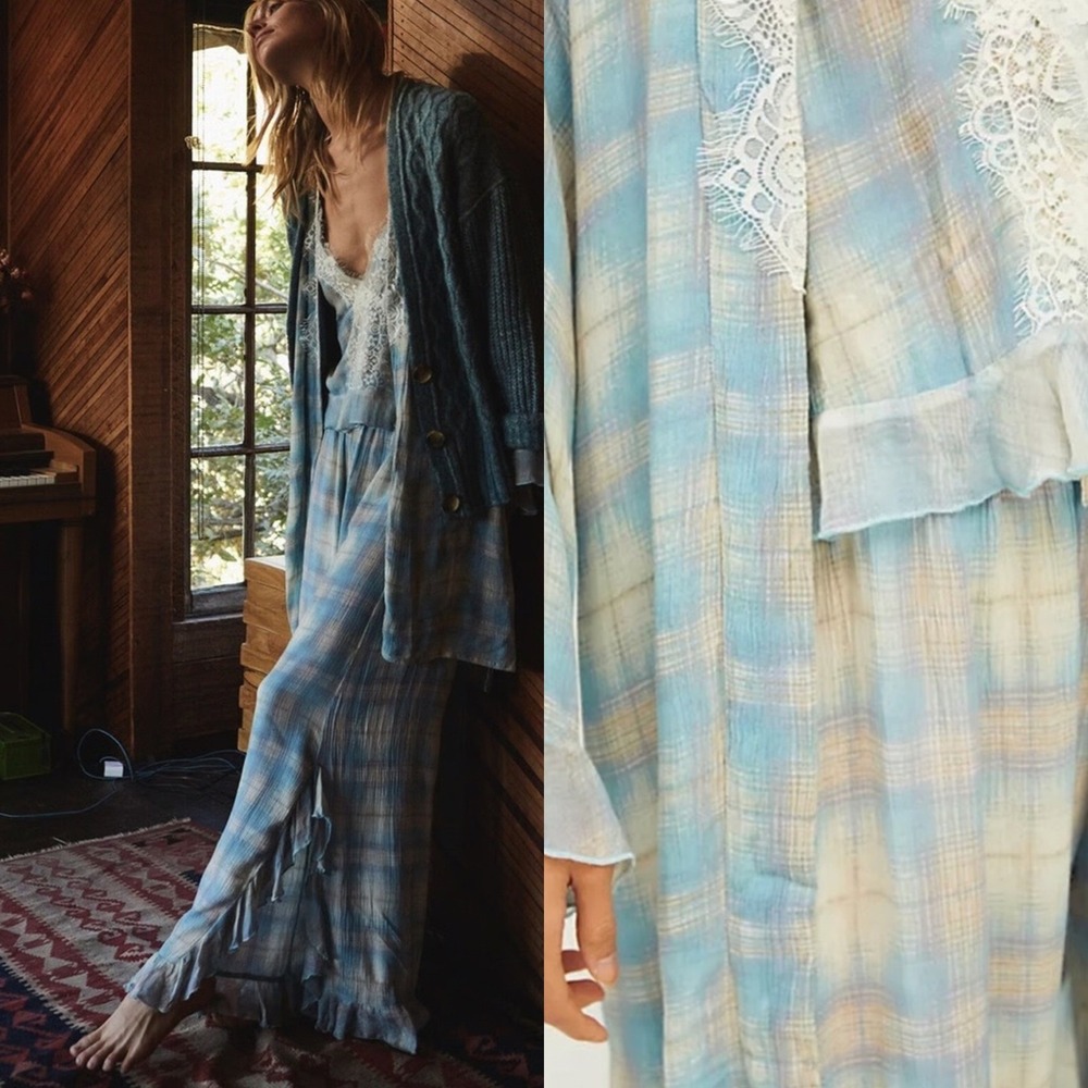 Free People Womens Pyjama Pants Small Blue Plaid Ruffle Hem Gauze Lounge Boho